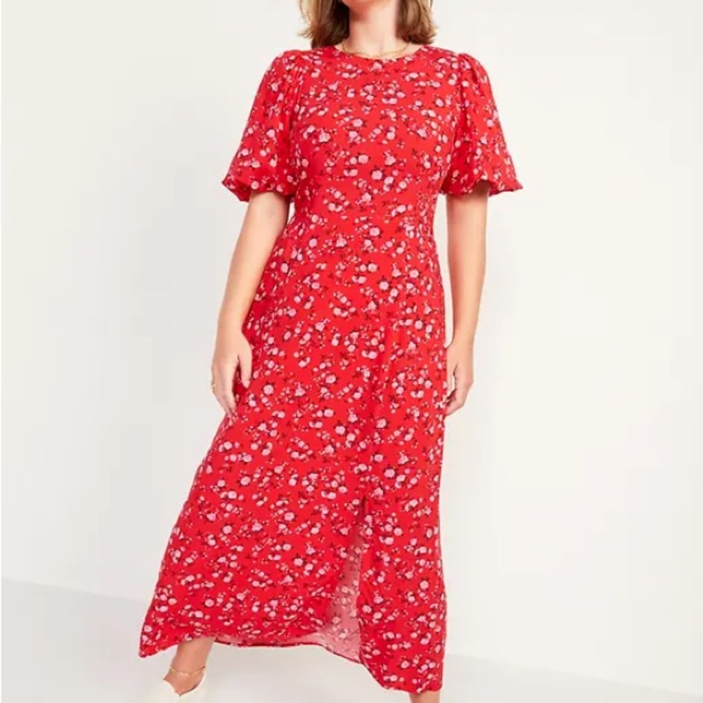 Old Navy Red Floral midi Dress with slit and puff sleeves size small